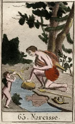 Representación de Narciso, un joven enamorado de sí mismo, que constantemente mira su reflejo. De “Mitología de la juventud” por Pierre Blanchard 1803