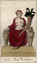 Representación de la Naturaleza como una mujer en un trono con un cuerno de la abundancia, con muchos pechos para alimentar a todos los seres. De “Mitología de la juventud” por Pierre Blanchard 1803