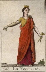 Representación de la Necesidad, como una mujer inflexible, hija de la Fortuna, con manos de bronce. De “Mitología de la juventud” por Pierre Blanchard 1803
