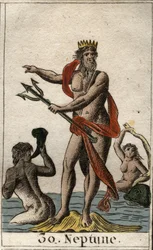 Representación de Neptuno, dios de los mares, que sostiene un tridente. El dios del mar Neptuno sostiene un tridente. De «Mitología de la juventud», de Pierre Blanchard, 1803.