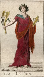 Representación de la Paz, como una mujer coronada con laureles, sosteniendo una gavilla. De “Mitología de la juventud” por Pierre Blanchard 1803