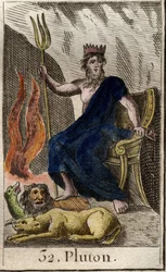 Representación de Plutón, dios del Inframundo, con Cerbero, perro de tres cabezas y guardián del Inframundo, a sus pies. (Plutón, dios del Infierno con Cerbero, perro de tres cabezas). De «Mitología de la juventud» de Pierre Blanchard, 1803.