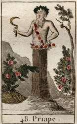 Representación de Príapo, dios de la fertilidad rústica, a menudo representado con un pene permanentemente erecto, sosteniendo una hoz. De “Mitología de la Juventud” por Pierre Blanchard 1803.