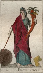 Representación de la Providencia, como una anciana, sosteniendo una cornucopia, un bastón y un globo. De “Mitología de la juventud” por Pierre Blanchard 1803.