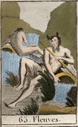 Representación de los ríos, ancianos con barba y cabello mojados, sentados cerca de una urna volcada. De “Mitología de la Juventud” de Pierre Blanchard 1803.