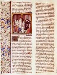 Representación del niño San Bernardo de Claraval (1090-1153). Está en el centro del cuadro, con una aureola sobre la cabeza. Miniatura en "Le miroir historial" (Speculum Historiale) (ms. 1196, fol. 372) de Vincent de Beauva