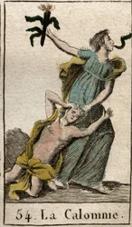 Representación de la Calumnia, hija de la Envidia, arrastrándola por el cabello, con una serpiente saliendo de su boca. De “Mitología de la Juventud” por Pierre Blanchard 1803.