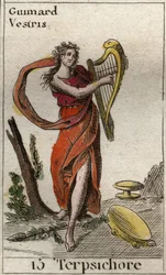 Representación de Terpsícore, musa de la danza, tocando la lira. De “Mitología de la juventud” por Pierre Blanchard 1803