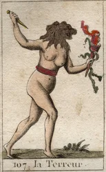 Representación del Terror, como una mujer con cabeza de león, sosteniendo un cuchillo y serpientes. De “Mitología de la juventud” por Pierre Blanchard 1803