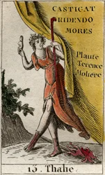 Representación de Talía, musa de la comedia y la poesía idílica, representada coronada con hiedra, usando botas, sosteniendo una máscara cómica en su mano y un bastón de pastor. De “Mitología de la juventud” por Pierre Blanchard 1803
