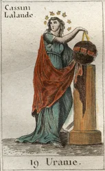 Representación de Urania, musa de la astronomía y la astrología, sostiene un globo y un compás. De 