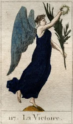 Representación de la Victoria, mujer alada sosteniendo una rama de olivo y una corona de laureles. De "Mitología de la Juventud" por Pierre Blanchard 1803