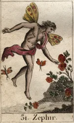 Representación de Céfiro, personificación del viento del oeste. (Céfiro o Zéfiro, personificación del viento del oeste). De «Mitología de la juventud», de Pierre Blanchard, 1803
