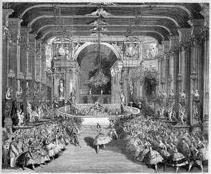 Representación de un ballet: el Casino de Messina, escenografía del primer acto de La Estrella de Messina con música de Nicolo Gabrielli (1814-1891). Decorado realizado por Edouard Desplechin. París, Teatro de la Ópera