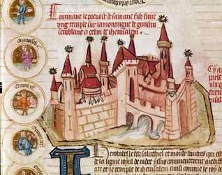 Representación de una ciudad fortificada similar a la de Jerusalén Página tomada del manuscrito "Genealogie de la Bible" de la escuela francesa. Siglo XIV Cremone, biblioteca governativa