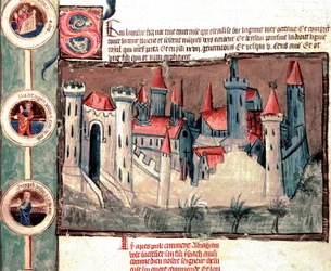 Representación de una ciudad fortificada en la región de Estrasburgo. Miniatura en pergamino enrollado “Genealogía de la Biblia” (ms.199) Siglo XIV Cremona, Biblioteca Gubernativa