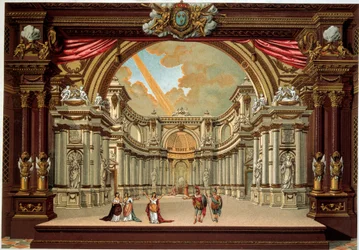 Representación de una obra de Jean Baptiste Poquelin llamado Molière (1622-1673) en el teatro del castillo de Versalles. Litografía del siglo XIX. Artes Decorativas, París