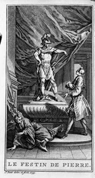Representación de una escena de la obra "Dom juan ou le fen de Pierre" (1665) de Jean Baptiste Poquelin dit Moliere (1622-1673). Grabado de 1739.