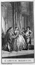 Representación de una escena de la obra “El amor médico” (1665) de Jean Baptiste Poquelin dit Molière (1622-1673). Grabado de 1739.