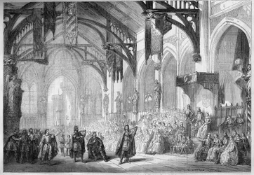 Representación de una ópera: Palacio del Landgrave en Wartburg. Escenografía del Acto II de 
