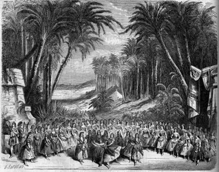 Representación de una ópera: Escenografía del Acto II de "La Reina de Saba" en un libreto de Michel Carre (1819-1872) y Jules Barbier (1822-1901) y música de Charles Gounod (1818-1893). París, Teatro de la Ópera