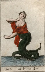 Representación del engaño (deshonestidad), como una serpiente peligrosa con una cabeza sonriente de mujer. De “Mitología de la Juventud” de Pierre Blanchard 1803.