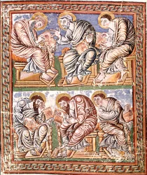 Representación de seis apotres carolingios en miniatura de la escuela de Reims extraídos de la "Collectio Canon Hadriana" (Ms A-5 f. 14 v) (probable colección de decretales redibujadas por Incmar de Reims) Finales del siglo IX Biblioteca Vallicelliana Roma