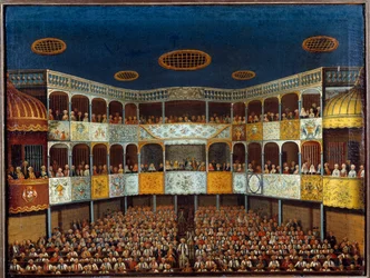 Representación del "Enfermo Imaginario" de Jean Baptiste Poquelin dit Moliere (1622-1673) en el Teatro Minorca en España; vista del salón y la audiencia. Pintura del siglo XVIII. París, Artes Decorativas