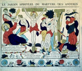 Representación de los mártires de los Apoles Santiago, San Felipe, San Bartolomé y San Judas" Grabado del siglo XIX. París, Museo de Artes y Tradiciones Populares