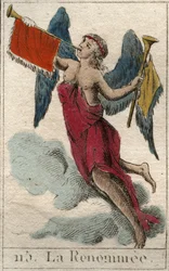 Representación de la Fama, mensajera de Júpiter, en forma de una mujer alada con dos trompetas para anunciar buenas y malas noticias. De “Mitología de la Juventud” por Pierre Blanchard 1803