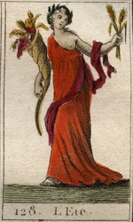 Representación de la estación del Verano como Ceres sosteniendo una corona de trigo y un cuerno de la abundancia. De “Mitología de la Juventud” por Pierre Blanchard 1803.