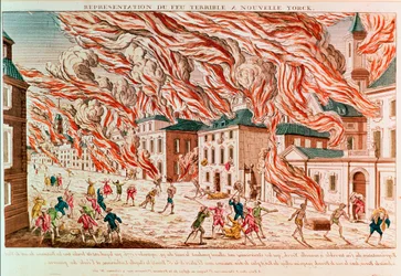 Representación del terrible incendio de Nueva York en 1776 (grabado coloreado)