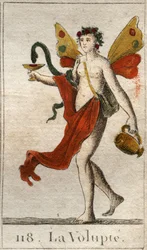 Representación de la Voluptuosidad, mujer desnuda coronada con rosas, sostiene una copa donde una serpiente bebe un delicioso néctar. De “Mitología de la juventud” por Pierre Blanchard 1803.