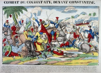 Representación de la batalla de Coudiat Aty, antes de Constantina, que llevó a la captura de Constantina el 13 de octubre de 1837. Imagen de Epinal