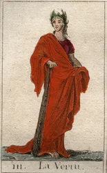 Representación del dios de la Virtud, una joven con un rostro cándido. De “Mitología de la Juventud” por Pierre Blanchard 1803.