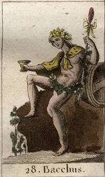 Representación del dios del vino y la cosecha Baco, sosteniendo una copa en su mano. De “Mitología de la Juventud” por Pierre Blanchard 1803