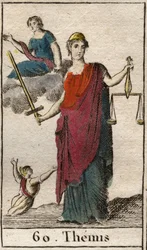 Representación de la diosa de la Justicia y la Ley, Temis, sosteniendo una balanza y una espada. De "Mitología de la Juventud" de Pierre Blanchard 1803.