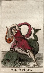 Representación del legendario poeta griego Arion de Methymne, encantador de delfines con su cítara. De “Mitología de la juventud” por Pierre Blanchard 1803