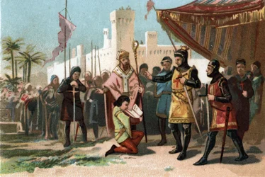 Representación de las cartas de ennoblecimiento puestas en marcha por el Rey Felipe III el Atrevido (1270-1285). Cromolitografía alrededor de 1890.