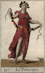 Representación de la primavera bajo las líneas de Flora sosteniendo una guirnalda de flores. De “Mitología de la juventud” por Pierre Blanchard 1803