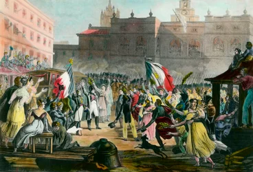 Regreso de Napoleón Bonaparte (1769-1821) de la Isla de Elba a Grenoble en marzo de 1815. Grabado alrededor de 1815