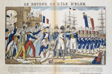 Retorno de Napoleón Bonaparte (1769-1821) de su exilio en la Isla de Elba en 1815. Imagen de Epinal