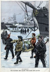 Revuelta de los Bóxers (1898-1900) los barcos de los aliados en el hielo Atakou. en "Le Petit Parisien"