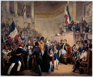 Revolución de 1848. La duquesa de Orleans aparece en la Cámara de Diputados (Asamblea Nacional) con sus hijos para obtener la Regencia (24 de febrero)