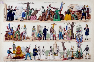 Revolución de febrero de 1848: los grandes momentos del levantamiento del 23 de febrero, las barricadas, luego la fraternización entre soldados, trabajadores y burgueses, la destrucción de los símbolos del poder de Luis Felipe I