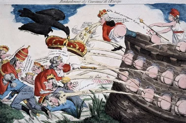 Revolucionarios guiados por Marianne bombardean a los soberanos europeos con su mierda. Caricatura publicada durante el periodo de la Revolución francesa. Aguafuerte. 1792. Musée Carnavalet