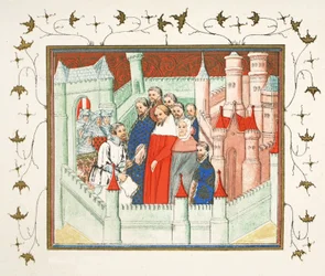 Ricardo II en el Castillo de Flint donde fue entregado prisionero a Bolingbroke, su rival al trono, copia facsímil de Le Prinse et Mort du Roy Richart por Jean Creton, reimpreso en el siglo XIX