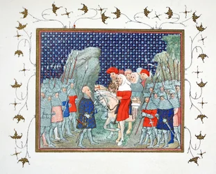 Ricardo II traicionado en Penmaur Rhos y hecho prisionero por el Duque de Northumberland, copia facsímil de Le Prinse et Mort du Roy Richart por Jean Creton, reimpreso en el siglo XIX