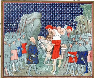 Ricardo II traicionado en Penmaur Rhos y hecho prisionero por el Duque de Northumberland, copia facsímil de Le Prinse et Mort du Roy Richart por Jean Creton, reimpreso en el siglo XIX