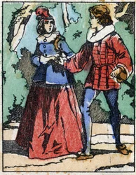 Riquet se presenta de nuevo a la princesa. Ilustración para “Riquet a la houppe”, cuento de Charles Perrault (1628-1703), escritor francés. Grabado en madera de Imaging Pellerin - Epinal, finales del siglo XIX.